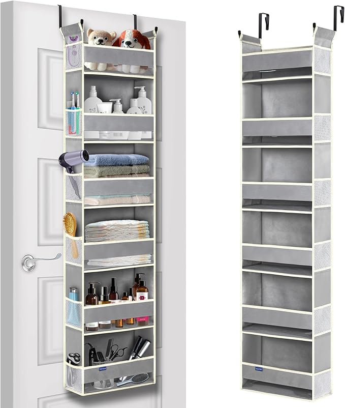 Over The Door Organizer 6-Shelves and 12 Side Pockets, Over The Door Storage for Bathroom Bedroom Nursery, Hanging Door Organizers for Baby Diapers and Kids Toys (13"x5"x54", Grey) by ROOMTALK