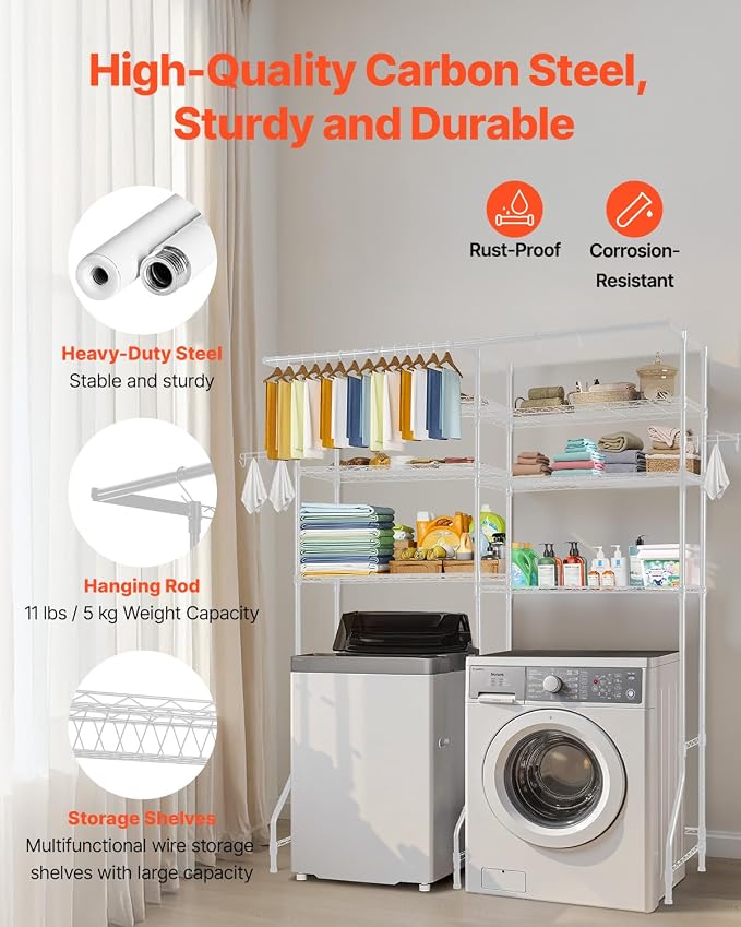 VEVOR Over The Washer and Dryer Storage Shelf, 6 Tier Laundry Room Drying Rack with Hanger Rod and Hooks, Adjustable Over Washer and Dryer Shelves, Laundry Room Shelf Storage Space Saver, White - Image 7
