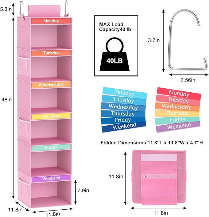Fixwal Weekly Kids Clothes Organizer 6-Shelf Hanging Closet Storage Pink | Nonwoven Fabric, 6 Daily Shelves, 6 Mesh Side Pockets, 2 Metal Hooks, Foldable Design, for Kids Outfits and Accessories - Image 2
