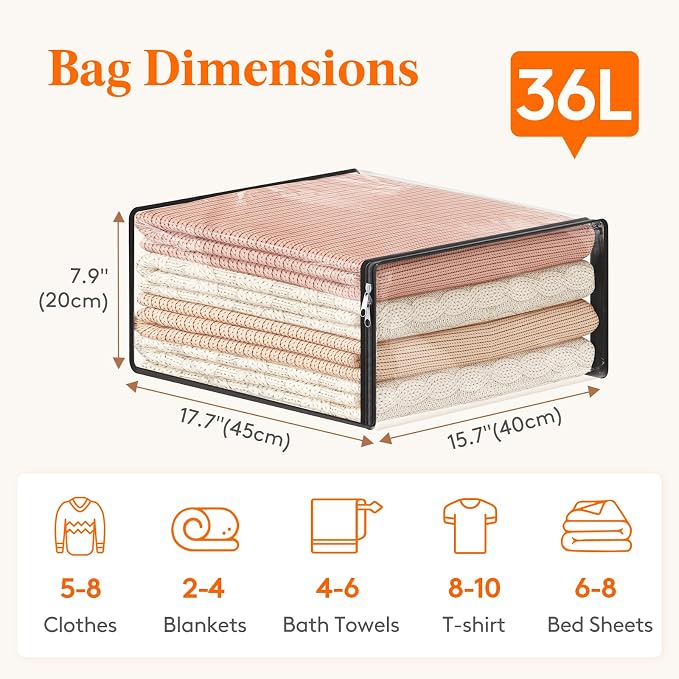 Lifewit 36L Clear Sheet Storage Bags 6 Pack, Zippered Clothes Storage Bags - Image 2