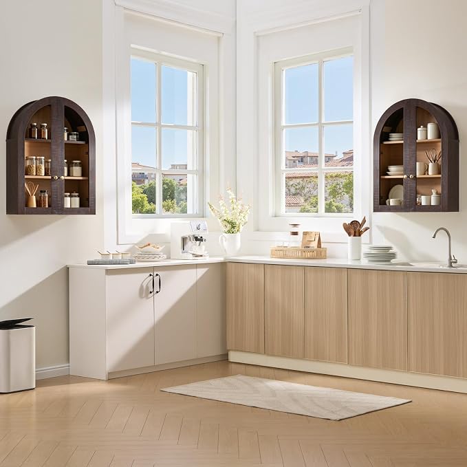 Bathroom Arched Wall Cabinet Over The Toilet Storage Cabinet, 23.5×31.4 Inch bathroom cabinet wall mount with Glass Doors & Adjustable Shelves, Wood Cabinet for Laundry Room, Kitchen, Brown/Natural - Image 6