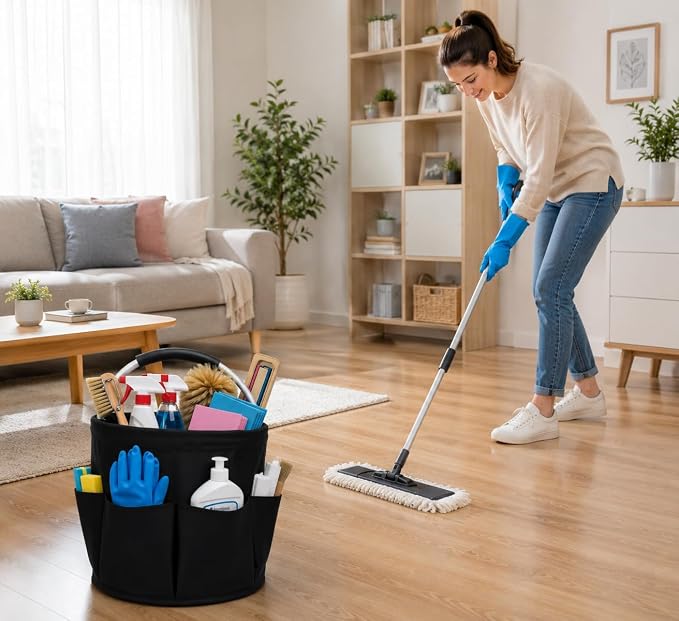 Cleaning Caddy with Handle, 17L Foldable Storage Basket, Heavy Duty 600D Oxford Cloth Organizer, Portable Supply Bag, Multi-Purpose Supplies Caddy for Home, Bathroom, Kitchen, Garden - Black - Image 6