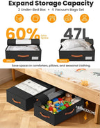 TOSKING 2-Pack Under Bed Storage Bins with Wheels, 4 Vacuum Bags, Heavy Duty 80 lbs, 7.9" Height, 47L Clear Lid Organizer, Space Saver for Dorm Bedroom Clothes Shoes Toys, Quick Assembly, Black - Image 5