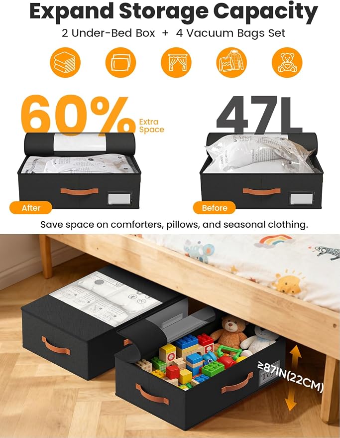 TOSKING 2-Pack Under Bed Storage Bins with Wheels, 4 Vacuum Bags, Heavy Duty 80 lbs, 7.9" Height, 47L Clear Lid Organizer, Space Saver for Dorm Bedroom Clothes Shoes Toys, Quick Assembly, Black - Image 5