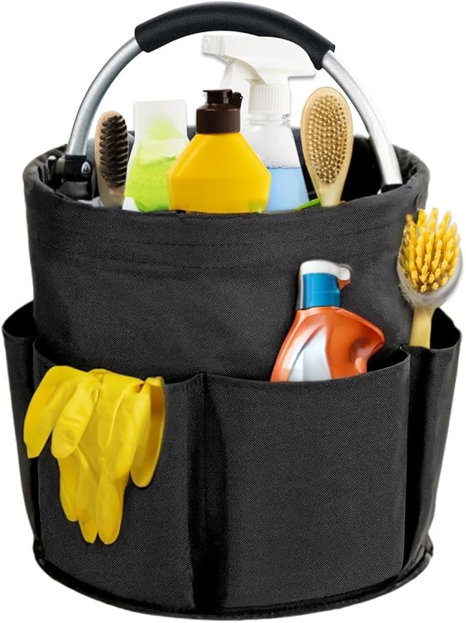 17L Cleaning Caddy with Handle, Cleaning Supplies Organizer, Foldable Storage Basket, Cleaning Supply Caddy, Portable Multi Cleaning Bucket Bag for Home, Garden (Black) by Unknown