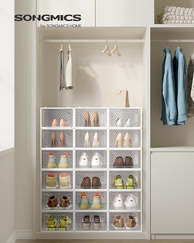 SONGMICS Shoe Boxes, Clear Plastic Sneaker Box, Pack of 18 | Stackable Shoe Storage Organizers, for Closet, 13.1 x 9.1 x 5.6 Inches, Transparent and White, DENNYS Collection ULSP18SWT - Image 2
