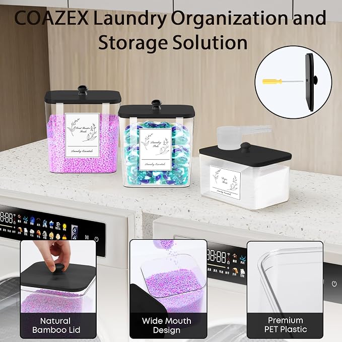COAZEX 3 Pack Laundry Pods Containers & Dryer Sheet Holder, Black Lids - Image 3