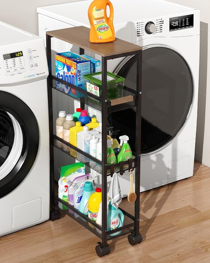 4-Tier Slim Utility Rolling Laundry Cart with Wheels, Easy to Assemble by TIPGO