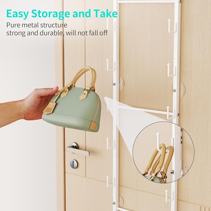HapiRm Over the Door Purse Organizer - Wall Mounted Purse Rack with 16 Hooks and Metal Basket, Hanging Handbag Organizer Holds up to 16 Bags, Bag Rack Can Use As 1/2 Part, for Door, Closet (White) - Image 9