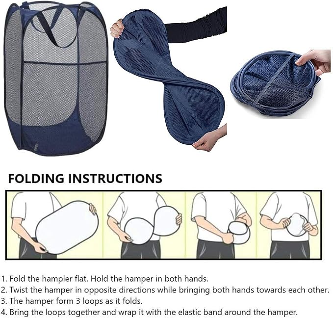 Larpur Popup Mesh Laundry Basket, Collapsible Clothes Washing Laundry Hamper with Reinforced Carry Handles, Portable Foldable Dirty Clothes Hamper for Home Dorm Cruise Travel (Blue) - Image 7