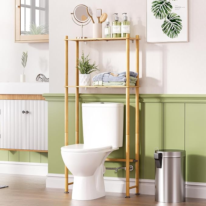 AmazerBath Bamboo Over The Toilet Storage Shelf, 2-Tier Over Toilet Organizer Rack, Freestanding Above Toilet Shelf for Bathroom, Laundry, Space Saver, Natural Color by AmazerBath