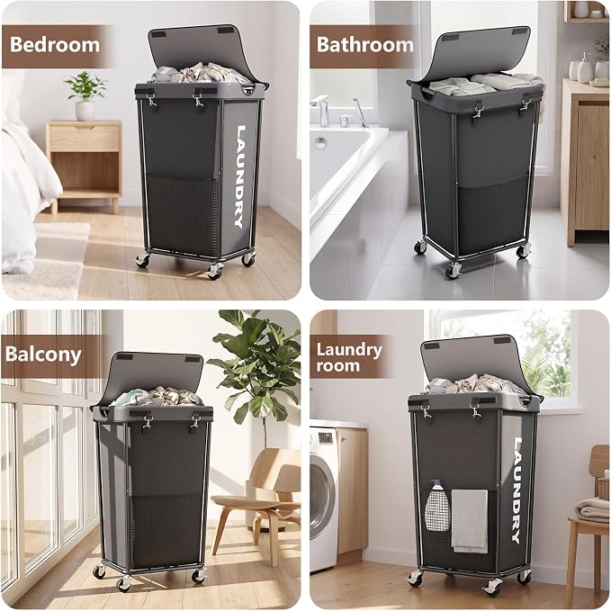 Laundry Hamper with Wheels and Lid, 110L Large Rolling Laundry Basket Gray - Image 6