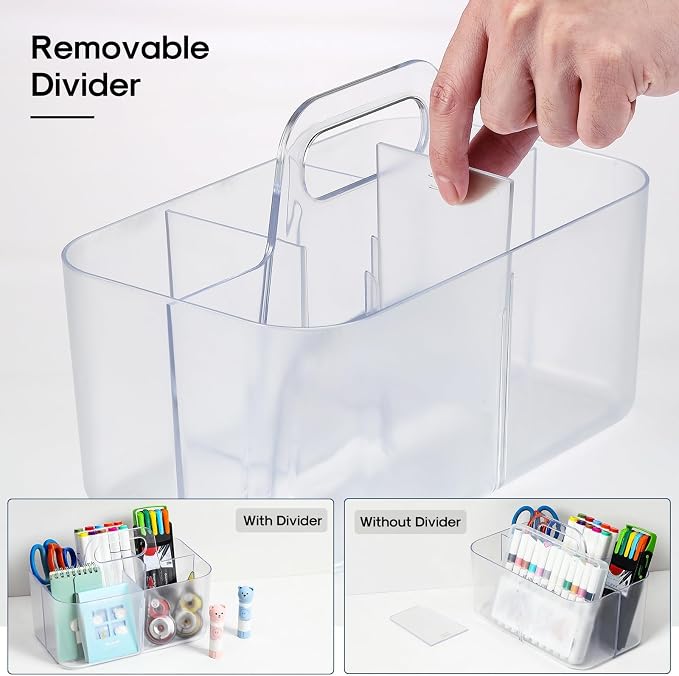 Multiuse Caddy Organizer with Handle, Portable Plastic Tote Bin - Art Craft, Stationary Pen Marker Crayons, Makeup Hair Supplies Storage - Bathroom, Classroom, Dorm, Office, Desk Holder -Frosted Clear - Image 6