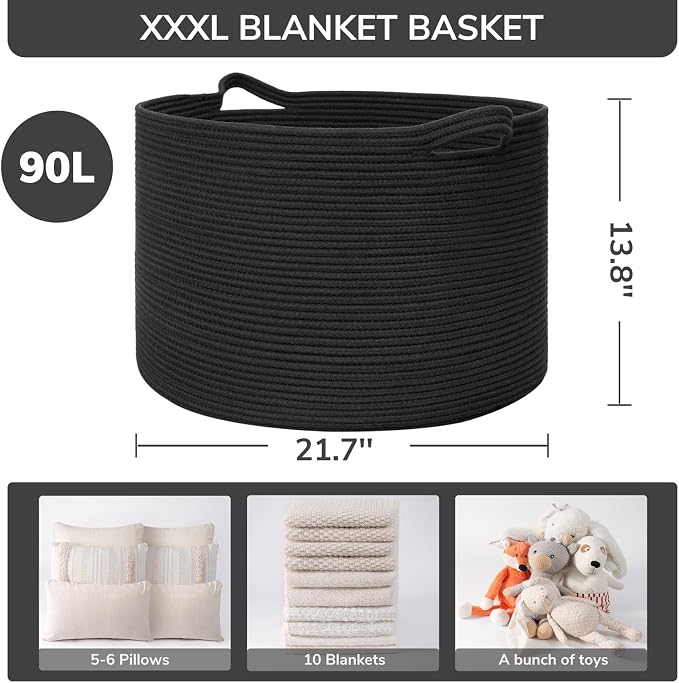 INDRESSME XXXLarge Woven Rope Blanket Basket Living Room Black, 90L - Image 3