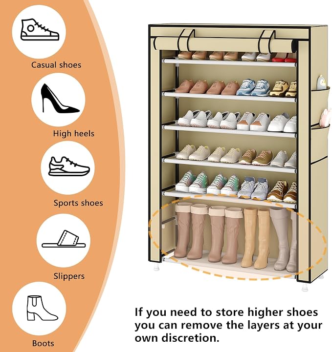 Laiensia 7-Tier Vertical Shoe Rack Organizer, Space Saving Shoe Storage Organizer, Non-Woven Cover Shoe Shelf Holds 28-35 Pairs for Bedroom, Hallway, Closet Entryway, Beige - Image 6