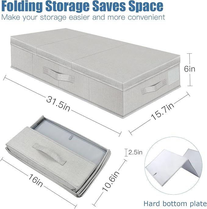 Supowin 2Pack Large Underbed Storage Containers Bin with Lids, Light Gray | 6 Inches Tall Under Bed Storage Organizer Box with Handles, Foldable Closet Organizer for Clothes, Blankets, Seasonal Items - Image 2