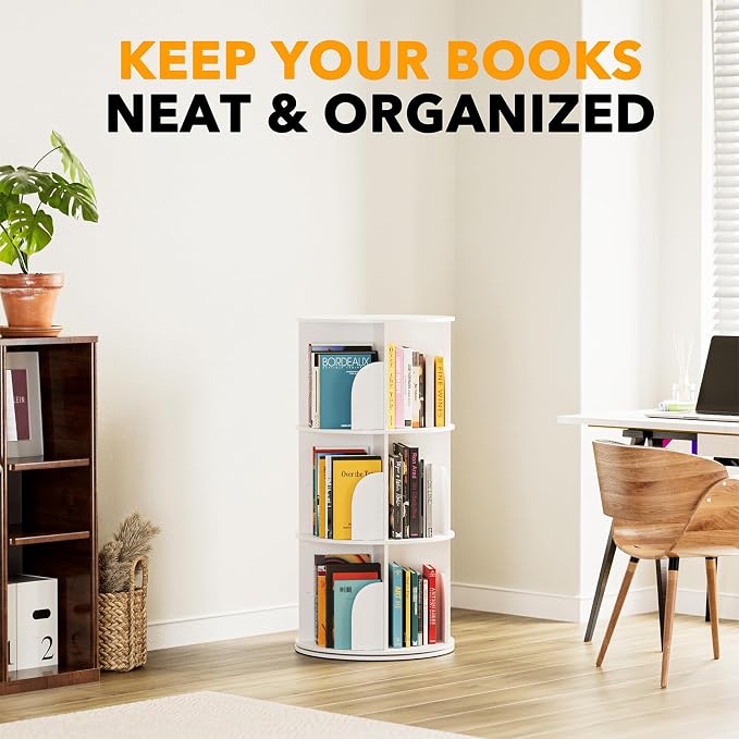 SpaceAid 3 Tier Rotating Bookshelf Tower, Spinning Bookcase Lazy Susan, Revolving 360 Book Shelf Storage Round Carousel, Vertical Rotate Turning Spiral Corner Organizer, White - Image 6