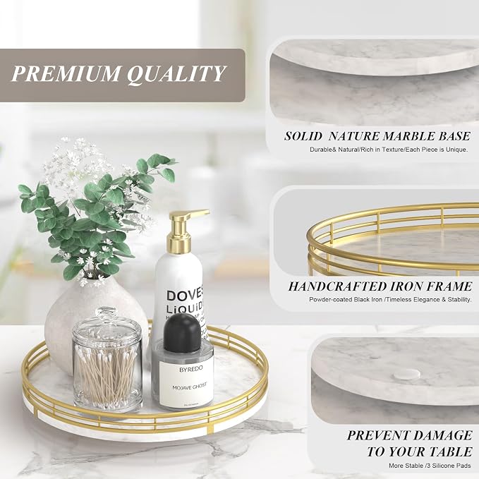 AMH 10-Inch White Marble Lazy Susan with Gold Frame - Image 5