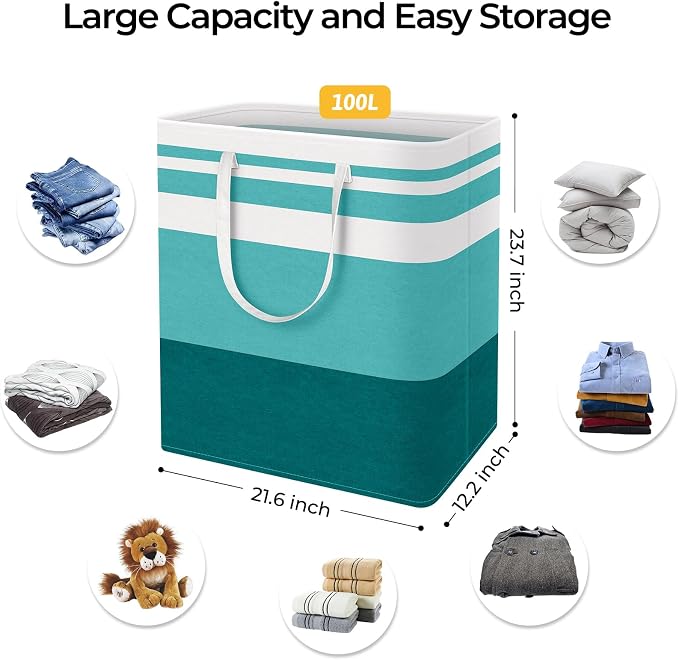 HomeHacks 2 Pack Large Laundry Baskets, Laundry Hampers Bags (Green 100Lx2) | Waterproof, Freestanding, Collapsible Clothes Hamper with Reinforced Handles in Laundry Room, Dorm, Bathroom, Bedroom - Image 4