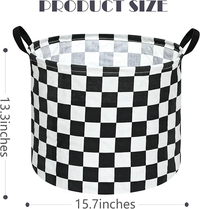 3 Pack Checkered Storage Baskets with Leather Handles, Foldable Fabric Toy Storage Bins with Waterproof Lining, Large Round Laundry Hamper for Kids Room, Nursery, Bedroom, Playroom Organization - Image 2