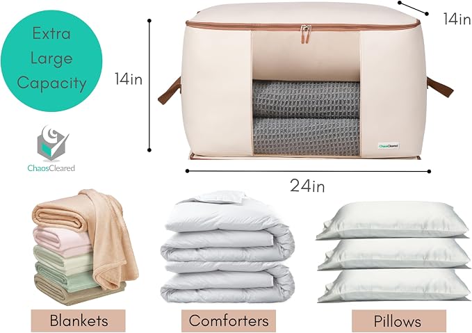 Chaos Cleared Canvas Storage Bags Designer Organizer for Comforters 2 Pack – Seasonal Storage for Pillows, Blankets, Linens & Garments – Foldable Design with Zip & Window, Moth-Proof Space Saver - Image 2