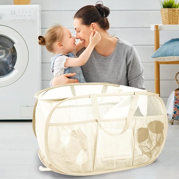 Collapsible Laundry Baskets, Upgrade Pop Up Laundry Hamper with Convenient Bags, Foldable Laundry Basket Mesh Light Weight, Easy to Carry Clothes Hampers for Laundry, Dorm, Toys, Travel Beige - Image 2