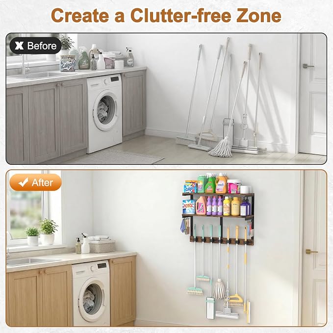 Housolution Wall Mount Broom Holder Hanger Laundry Room Storage Shelves - Image 5