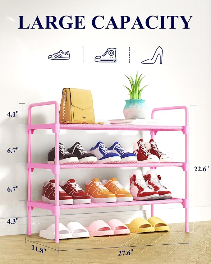 Kitsure Shoe Rack for Closet, Shoe Storage, 27.6" Wide - 3 Tiers, Pink | Shoe Organizer for Closet, Entryway, Living Room, Space-Saving Shoe Shelf, Sturdy Zapateras Organizer - Image 2
