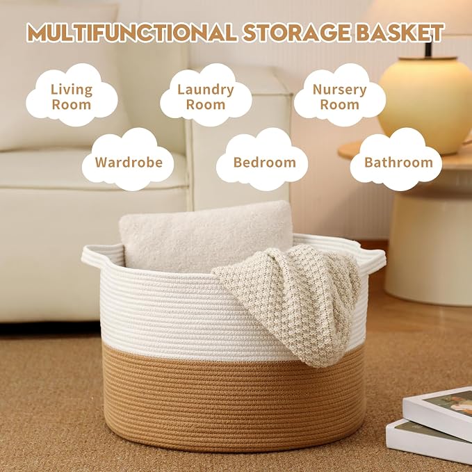 Foldable Laundry Hamper Basket with Collapsible Handle Cotton Rope Soft Woven Fabric Storage Organizer Clothes Toys Nursery Bedroom Dorm Space Saving Bin (White & Camel, 80L(21.7"D x 13.8"H)) - Image 3