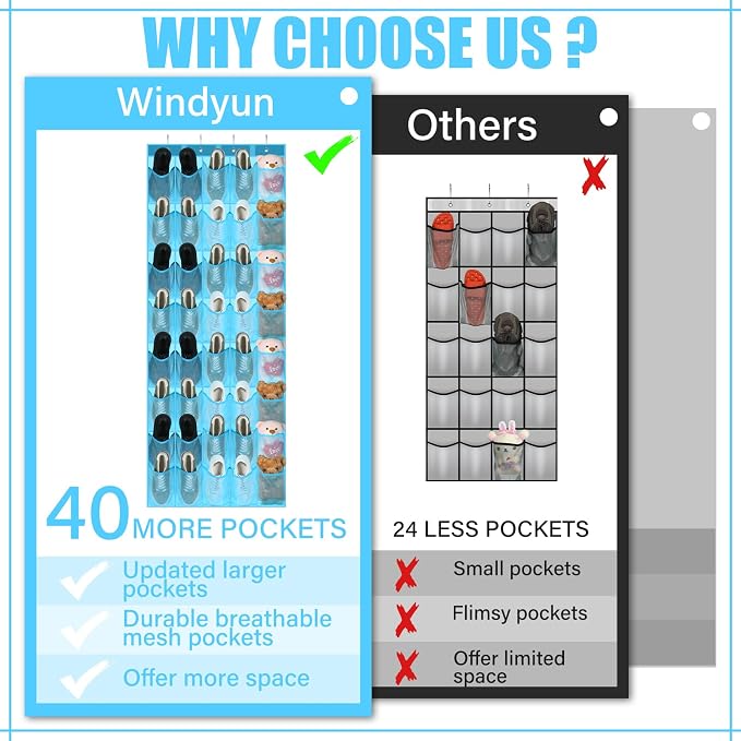 Windyun 1 Pcs 40 Pocket Over the Door Shoe Organizer Hang,Sky Blue - Image 5