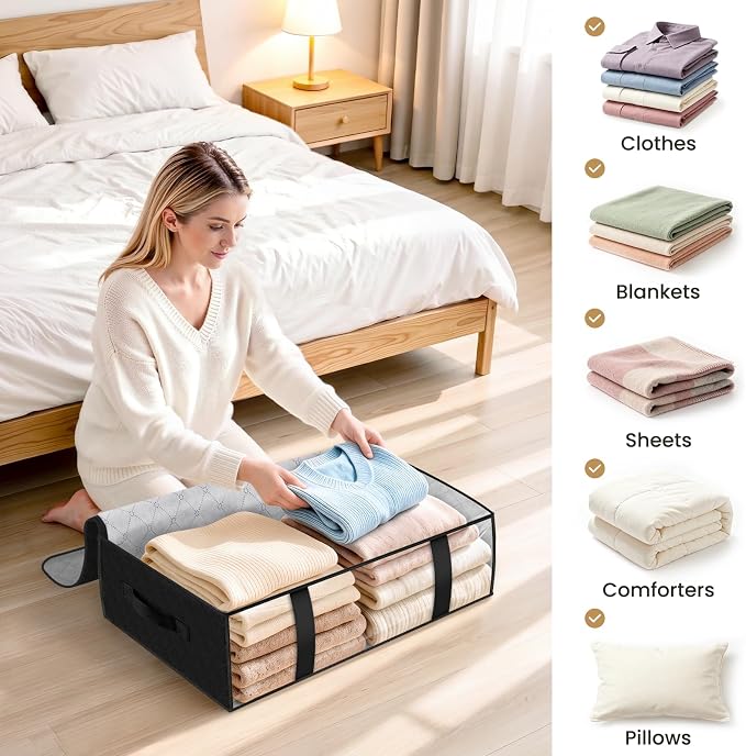 StorageRight Under Bed Storage Bags 4 Pack, 40L Large Clothes & Comforter Storage Containers with Clear Window, Breathable Fabric Organizer for Blankets, Bedding, Seasonal Clothing, Black - Image 7