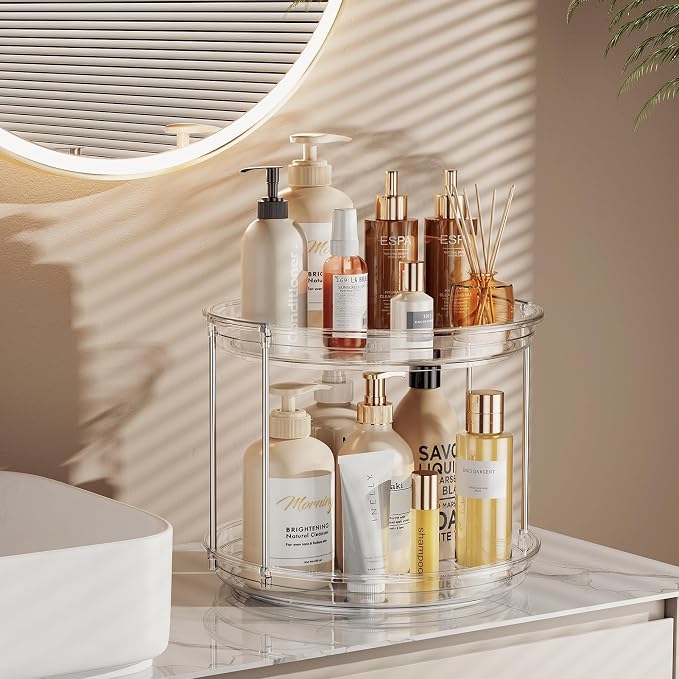 LAMU 4 Pack 2 Tier Lazy Susan Turntable Organizer 9.25'' Rotating Spice Rack Organization for Cabinet, Kitchen, Pantry, Countertop, Bathroom, Vanity, Medicine Cabinet Organizer, Clear - Image 5