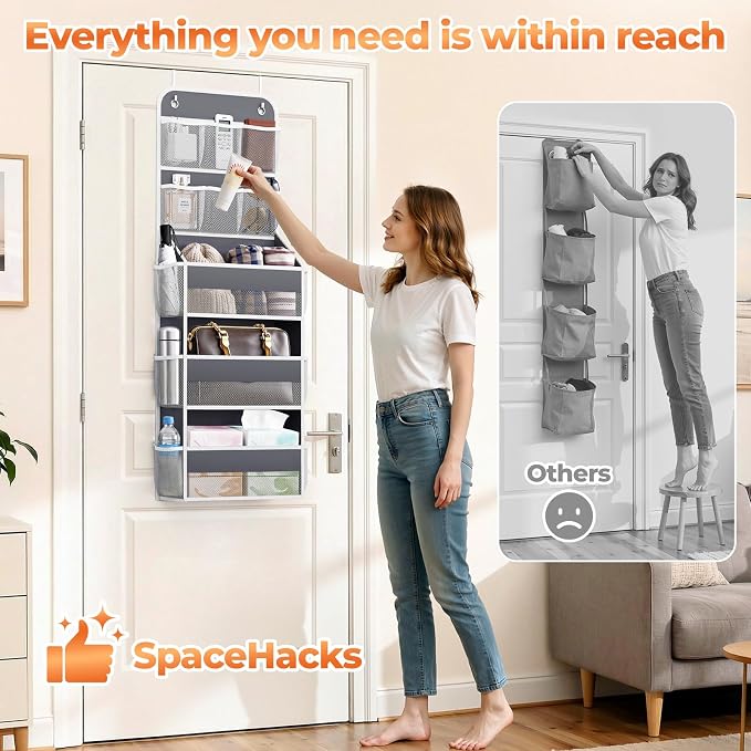 SpaceHacks 5-Tier Over the Door Organizer with Mesh Pockets, Dark Grey - Image 6