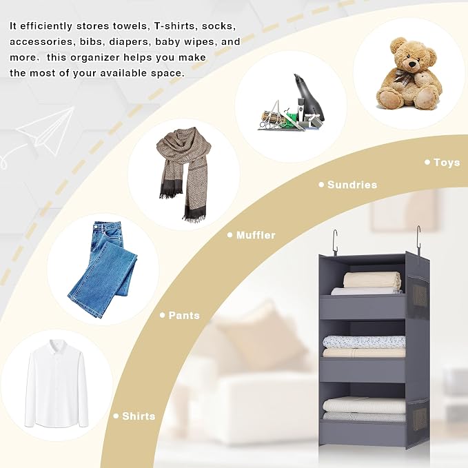 3-Shelf Hanging Closet Organizer, Washable Foldable Storage, Dark Gray | Front lip keeps items secure; side pockets add room; Oxford fabric handles towels, shirts, baby items, dorms, RVs or travel. - Image 7