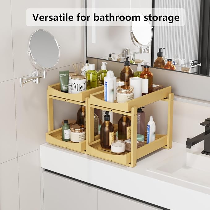 Bamboo Under Sink Organizer Adjustable Height 2 Tier Bathroom Organizer Pull Out Cabinet Storage Kitchen Heave Duty Wood Slide Ou Shelf for Kitchen Bathroom (Black, 2 Packs) (Nature, 2 Packs) - Image 6