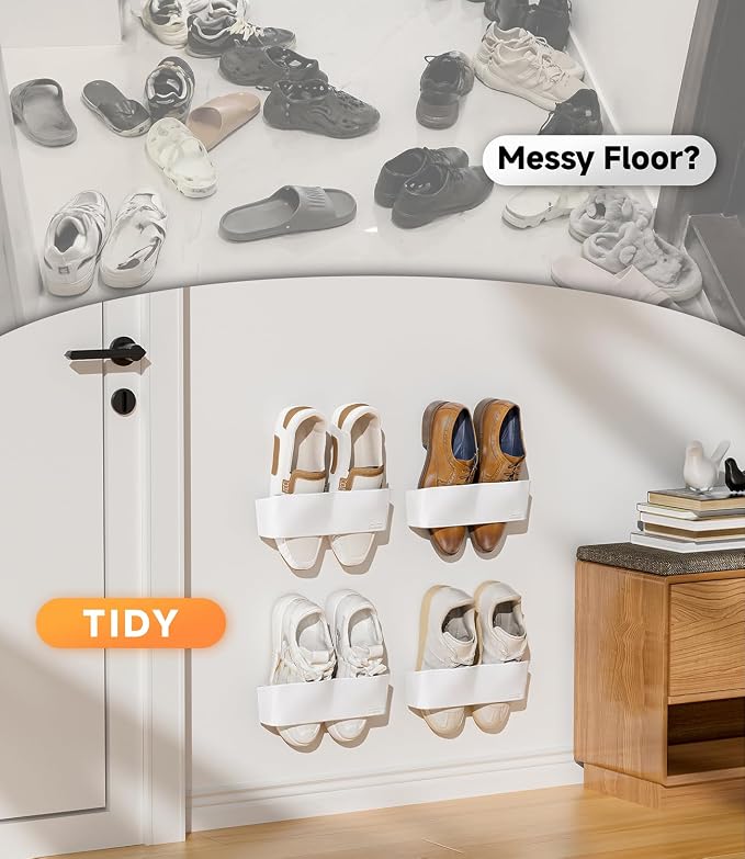 6Pack Wall Mounted Shoe Rack, Adhesive & Drill Mount - White - Image 3