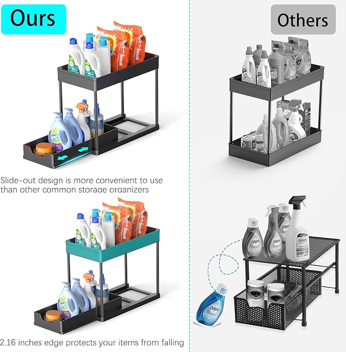 2 Pack black Under Sink Organizers and Storage, 2-Tier Sliding Cabinet Basket Organizer with Hooks, Multi-Purpose Under Sink Organizers and Storage for Bathroom Kitchen - Image 7