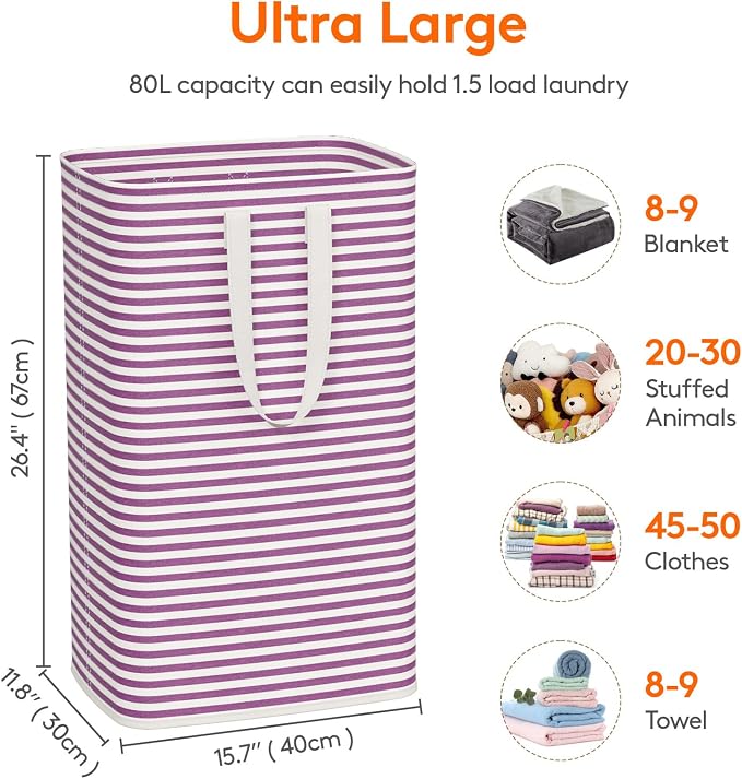 Lifewit 80L Large Laundry Baskets, 2 Pack, Reinforced Handles, Purple - Image 3