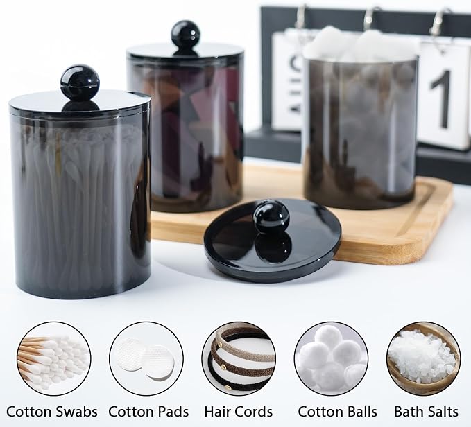 2 Pcs Acrylic Qtip Holder, Cotton Ball Holder Jars with Lids, Black - Image 4