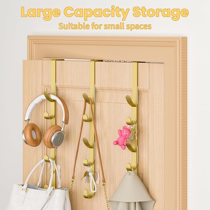 Kaiferty Over the Door Hooks, Metal Door Hooks for Hanging, Over the Door Purse Organizer for Door Coat Hanger, Back of Shower for Hanging Towel Rack Clothes, Hat, Bathroom, Closet (Gold-3Packs) - Image 3