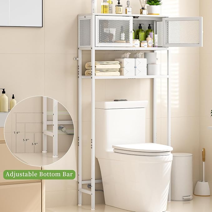 ThreeHio Over the Toilet Storage Cabinet with Doors, Bathroom Organizer Shelf Above Toilet, Bathroom Storage Cabinet Over Toilet, Freestanding Space Saver Metal Shelves for Small Space, White - Image 3