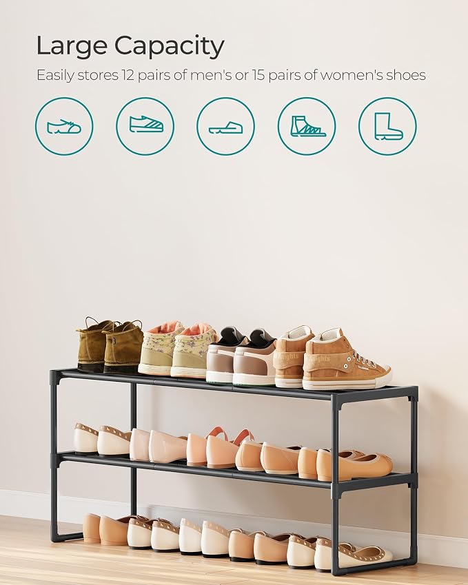 SONGMICS Shoe Rack, 2-Tier Shoe Organizer, Metal Storage Shelf | for Entryway, Upright or Upside Down, for 12-15 Pairs, Stackable, 11.8 x 36.2 x 14 Inches, Black ULSA12BK - Image 6