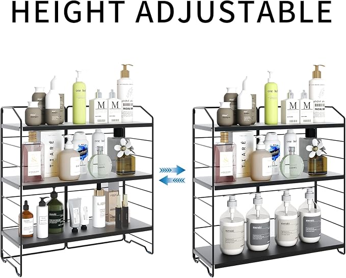 BOIVSHI Bathroom Countertop Organizer, 3-Tier Bathroom Counter Organizer, 8-Levels Height Adjustable, Bathroom Organizer for Kitchen, Pantry, Livingroom, Offices Storage, Metal Black - Image 4