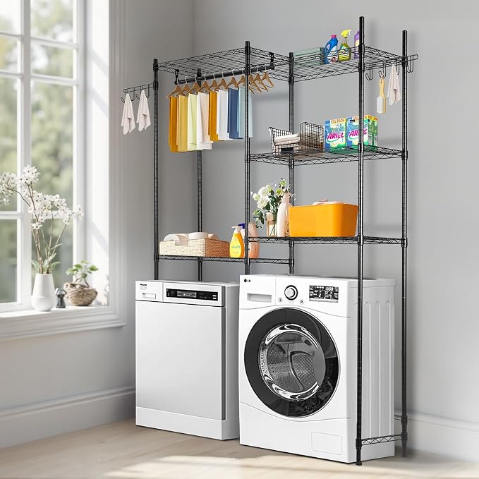 VEVOR Over The Washer and Dryer Storage Shelf, 5 Tier Laundry Room Drying Rack with Hanger Rod and Hooks, Adjustable Over Washer and Dryer Shelves, Laundry Room Shelf Storage Space Saver, Black - Image 2