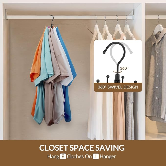 ZEDODIER 2 Pack Space Saving Hangers for Clothes,Rotatable Sturdy Shirt Hangers with 16 Hooks, Non Slip Multiple Shirt Organizer for T-Shirts Sweatshirts Hoodies, Black - Image 3