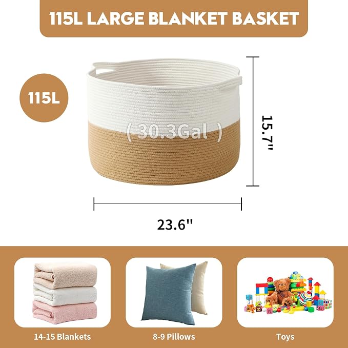 Foldable Laundry Hamper Basket with Collapsible Handle Cotton Rope Soft Woven Fabric Storage Organizer Clothes Toys Nursery Bedroom Dorm Space Saving Bin (White & Camel, 115L(23.6"D x 15.7"H)) - Image 5