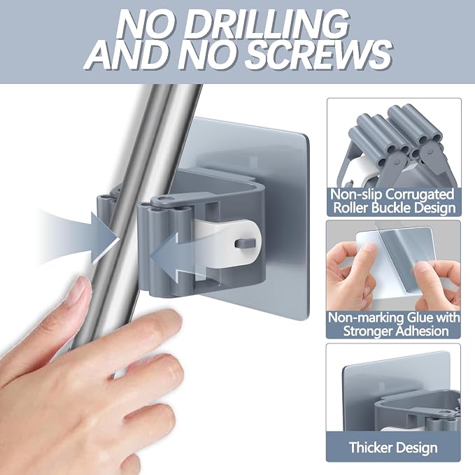 3-H 24-Pack Self Adhesive Broom Holder Wall Mount - Heavy Duty No Drill Broom Organizer for Garage Closet Kitchen, Plastic Storage Rack for Brooms Mops Tools, Peel and Stick Adhesive,Grey - Image 3