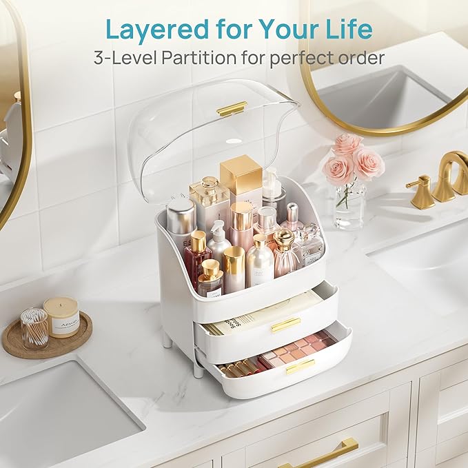 Vtopmart 3-Tier Skincare Makeup Organizer with Drawer and LId, White - Image 5