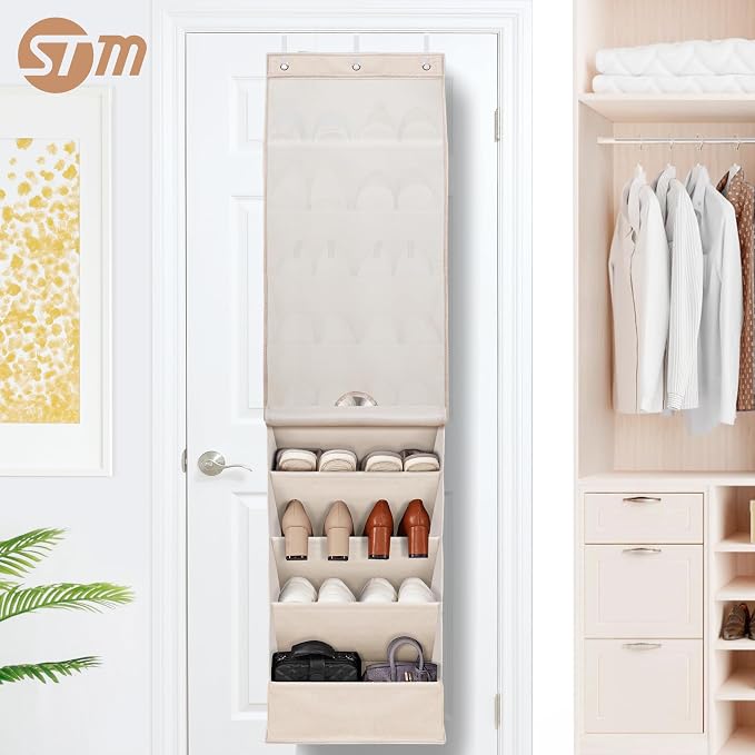 STORAGE MANIAC Over the Door Shoe Organizer with Curtain Dustproof Heavy-Duty Large Deep Pocket Hanging Shoe Organizer for Closet Dorm & Narrow Door Storage Shoe Holder Shoe Rack, 9-Shelf Beige 1 Pack - Image 9