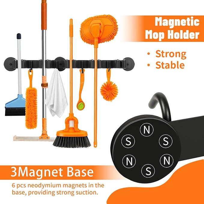 Magnetic Broom Holder Wall Mount with 4 Hooks and 5 Rack- Heavy Duty Non-Slip Mop Hanger for Wet Mops&Cleaning Tools on Refrigerator,Metal Door,Garage,Kitchen,Laundry Room - Image 3